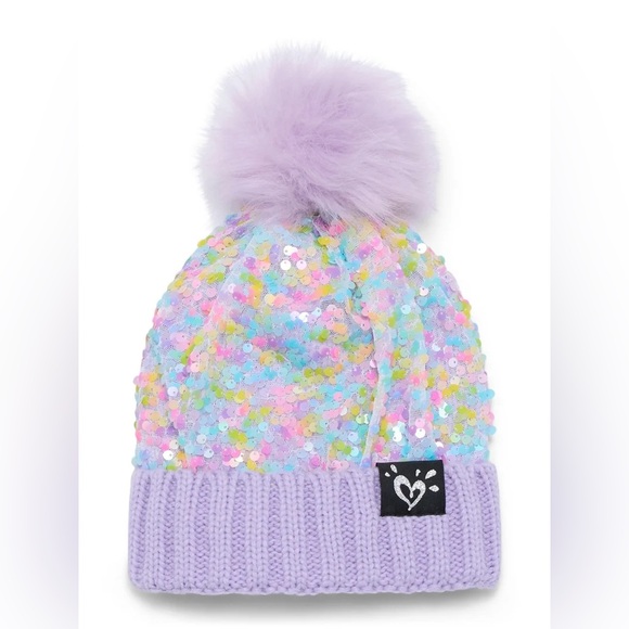 Justice Lavender Pastel Rainbow Sequin Beanie Faux Fur Pop-Pom & Gloves Set - Picture 4 of 10